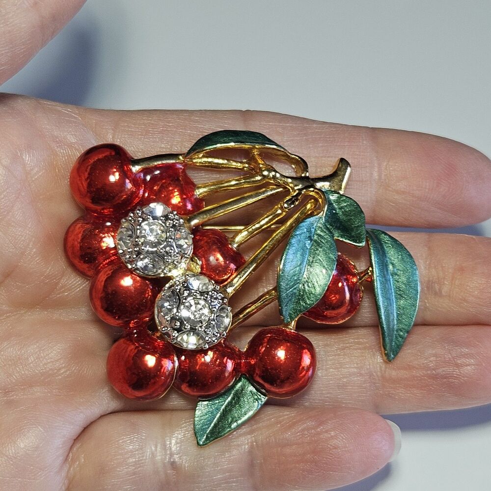 Vintage Gold Tone Red Green Enamel Clear Rhinestone Cherry Brooch